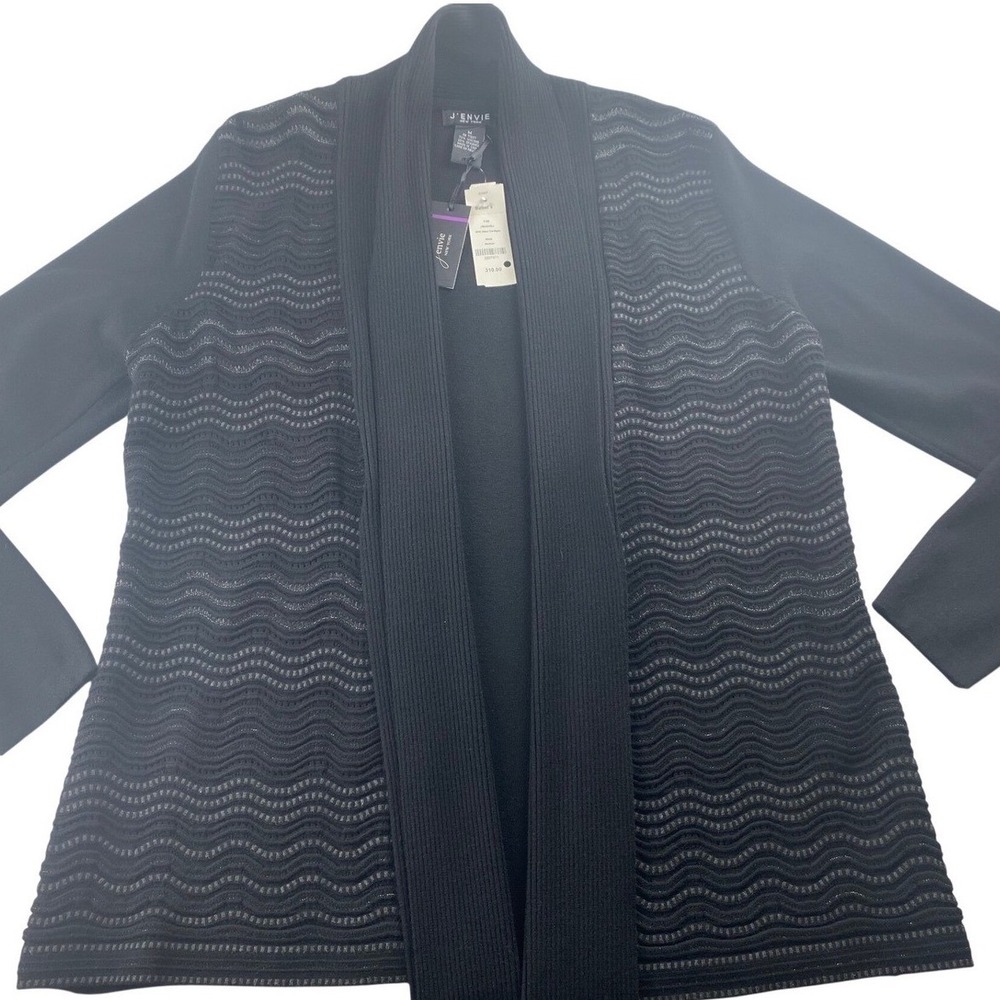 J'Envie New York 1018 Wave Cardigan Black Open Front Knit Sweater Womens Medium